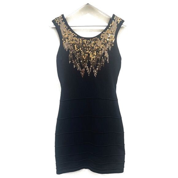 Y2K 2b Bebe Black Metallic Gold Sequin Bandage Sleeveless Cutout Back Slip - Picture 6 of 14